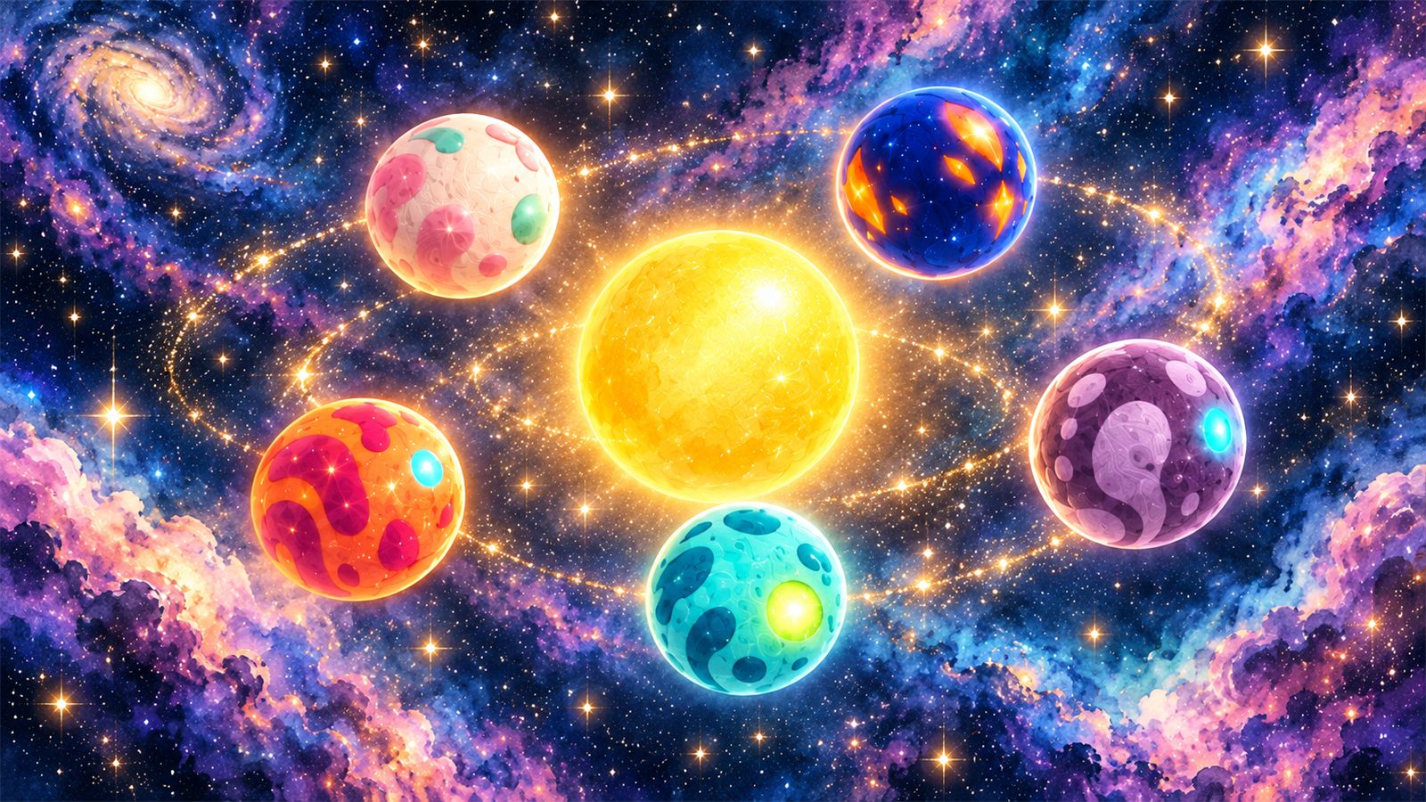 O sol dourado de Alba com os cinco planetas em órbita
